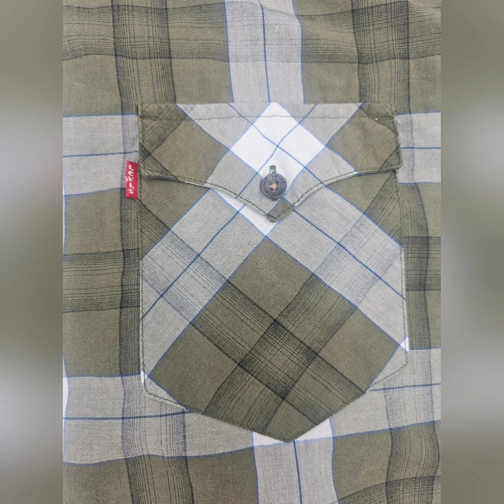 LEVI'S plaid cotton blend short sleeve button front‎ shirt men's Grn and Wht XL